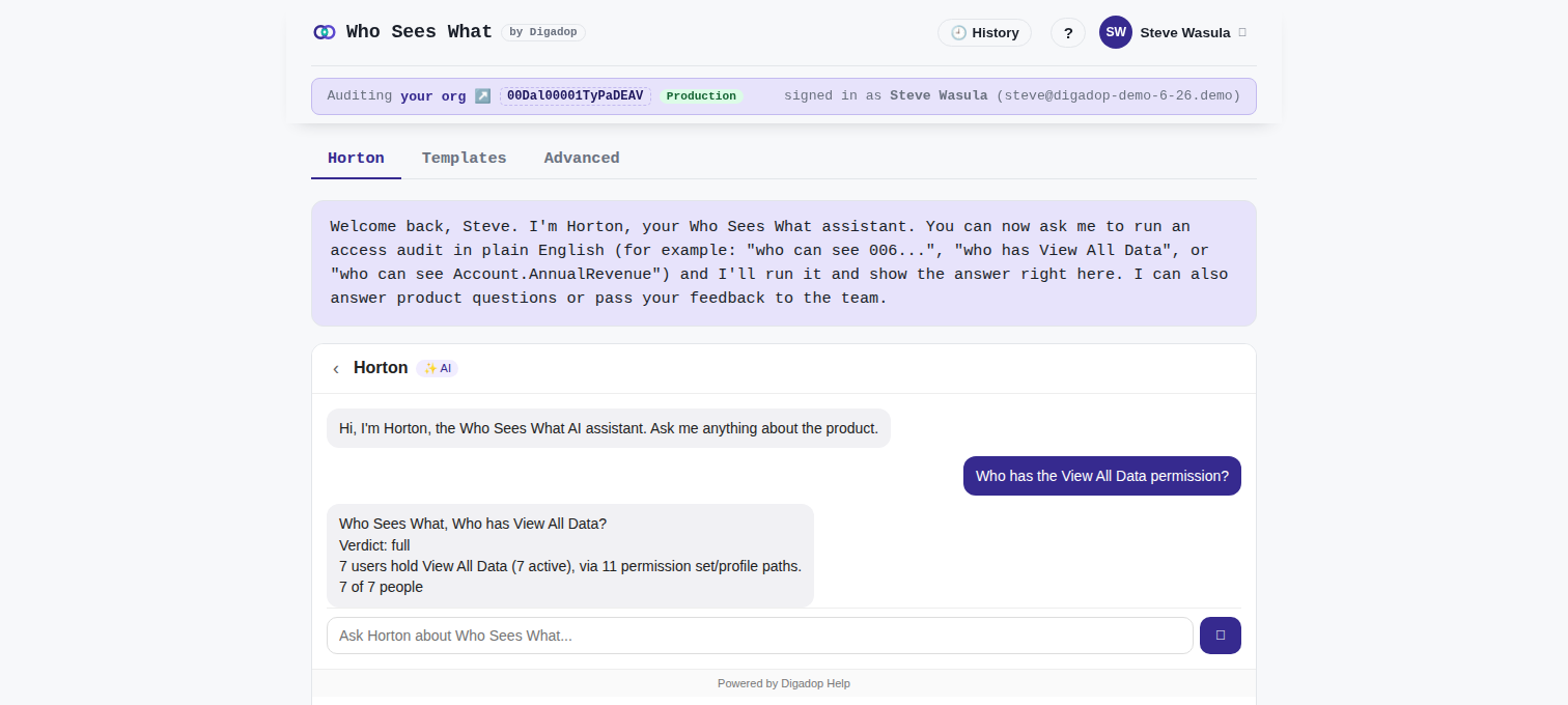 Who Sees What app: Horton answers the question "Who has the View All Data permission?" showing that 7 users hold it via 11 permission set and profile paths.